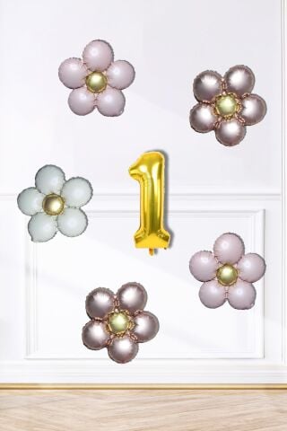 Retro Papatya Doğum Günü Balon Seti Gold Yaş Balonlu Retro Papatya Tema