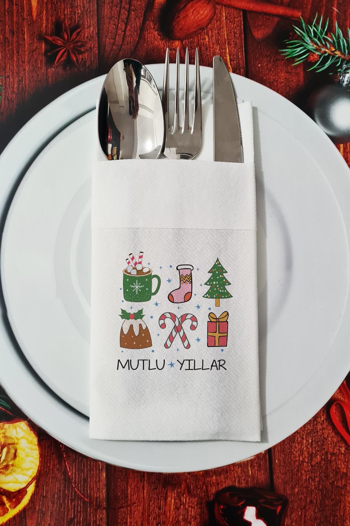 Kumaş Dokulu Mutlu Yıllar Yazılı Retro Yılbaşı - Yeni Yıl Sunum Peçetesi