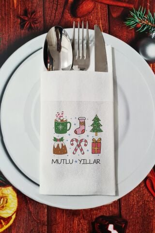 Kumaş Dokulu Mutlu Yıllar Yazılı Retro Yılbaşı - Yeni Yıl Sunum Peçetesi