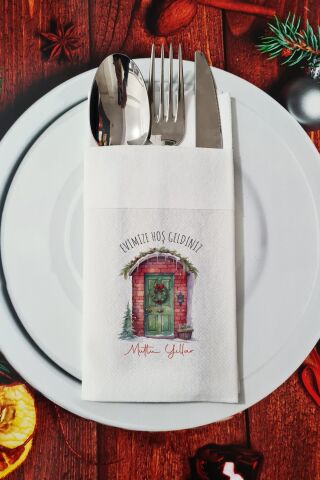 Kumaş Dokulu Evimize Hoş Geldiniz Yazılı Yılbaşı - Yeni Yıl Sunum Peçetesi