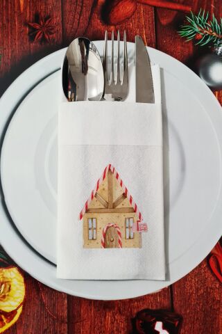 Kumaş Dokulu Gingerbread House Desenli Yılbaşı - Yeni Yıl Sunum Peçetesi