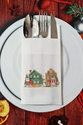Kumaş Dokulu Christmas Town Desenli Yılbaşı - Yeni Yıl Sunum Peçetesi