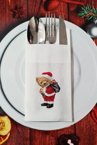 Kumaş Dokulu Noel Baba Kostümlü Teddy Bear Desenli Yılbaşı - Yeni Yıl Sunum Peçetesi