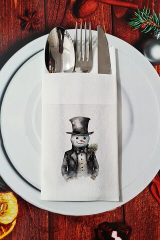 Kumaş Dokulu Yakışıklı Kardan Adam Desenli Yılbaşı - Yeni Yıl Sunum Peçetesi