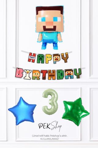Minecraft Tema Doğum Günü Steve Balonlu Yıldızlı Doğum Günü Balon Seti