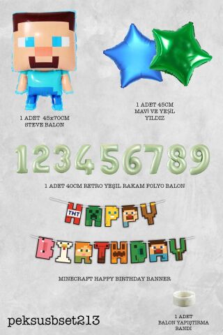 Minecraft Tema Doğum Günü Steve Balonlu Yıldızlı Doğum Günü Balon Seti