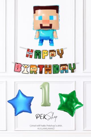 Minecraft Tema Doğum Günü Steve Balonlu Yıldızlı Doğum Günü Balon Seti 1