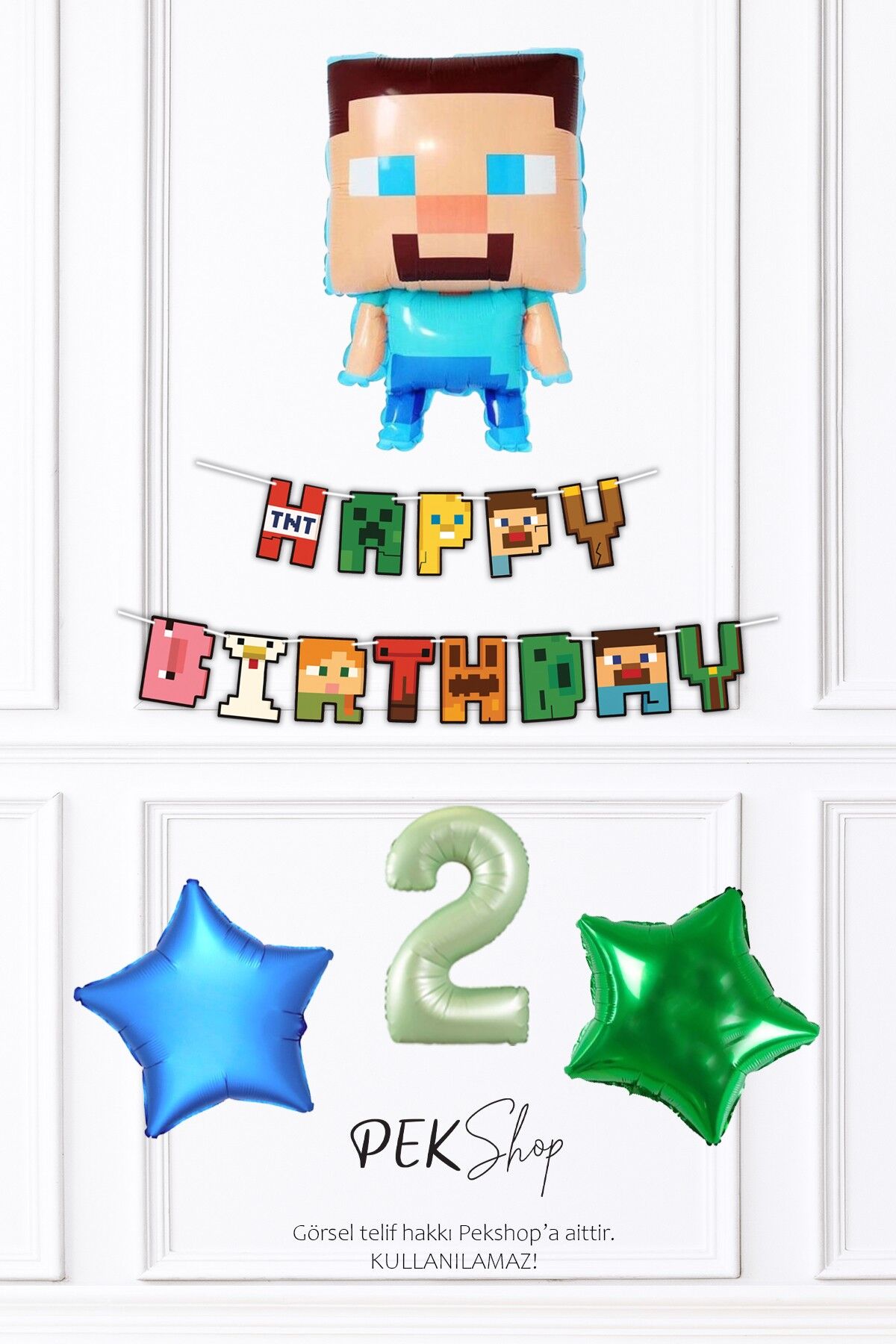 Minecraft Tema Doğum Günü Steve Balonlu Yıldızlı Doğum Günü Balon Seti 2