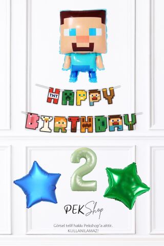 Minecraft Tema Doğum Günü Steve Balonlu Yıldızlı Doğum Günü Balon Seti 2