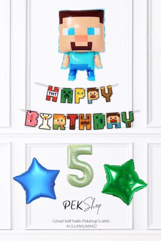 Minecraft Tema Doğum Günü Steve Balonlu Yıldızlı Doğum Günü Balon Seti 5