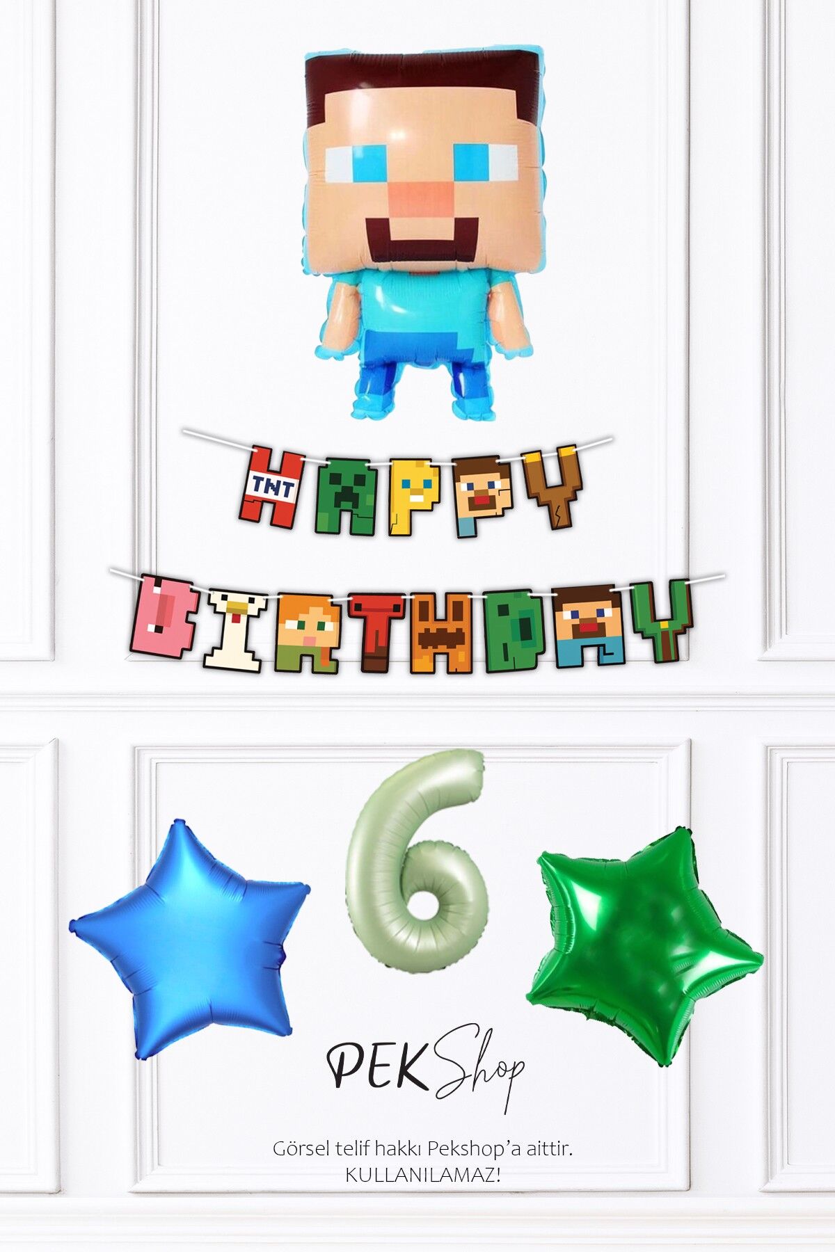 Minecraft Tema Doğum Günü Steve Balonlu Yıldızlı Doğum Günü Balon Seti 6