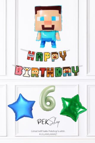 Minecraft Tema Doğum Günü Steve Balonlu Yıldızlı Doğum Günü Balon Seti 6