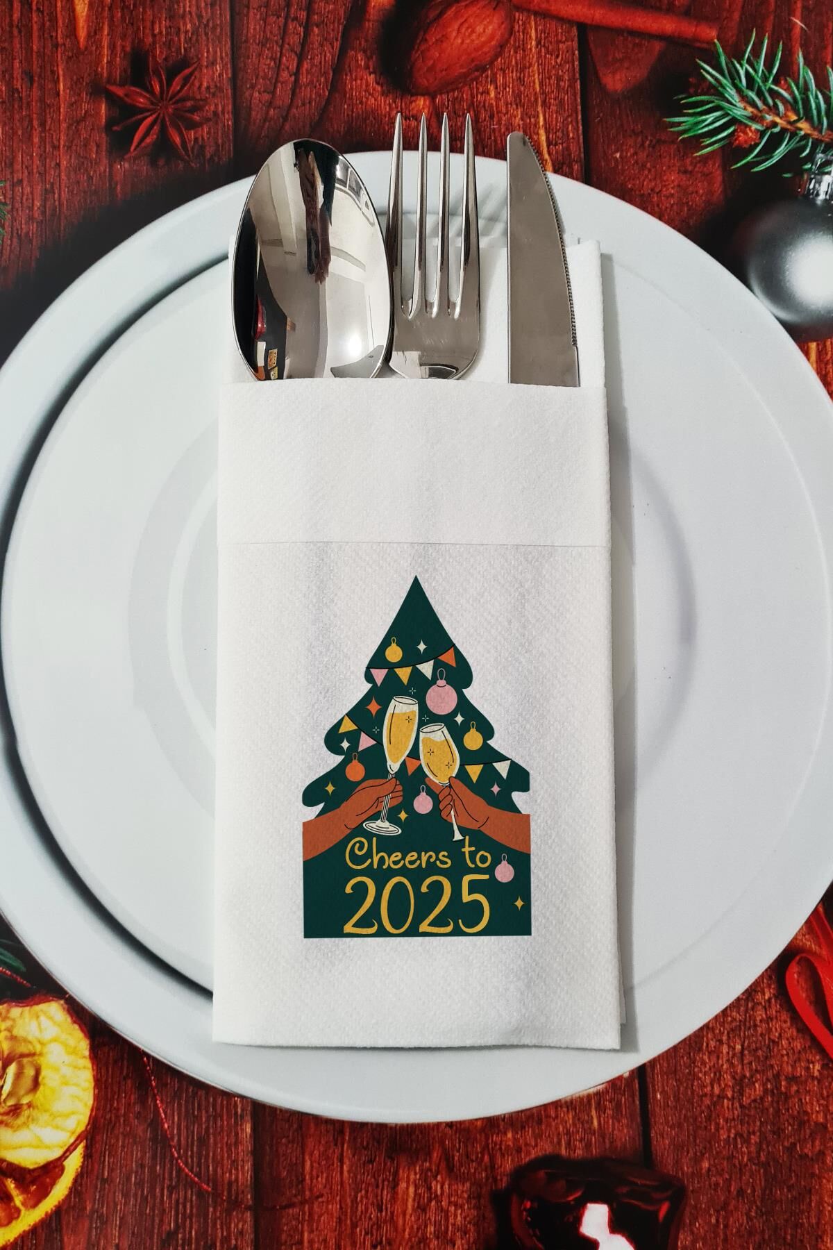 Kumaş Dokulu Cheers to 2025 Yılbaşı Ağacı - Yeni Yıl Sunum Peçetesi