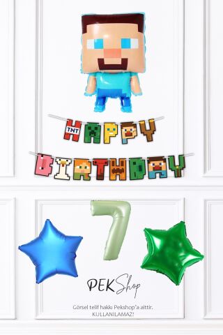 Minecraft Tema Doğum Günü Steve Balonlu Yıldızlı Doğum Günü Balon Seti 7