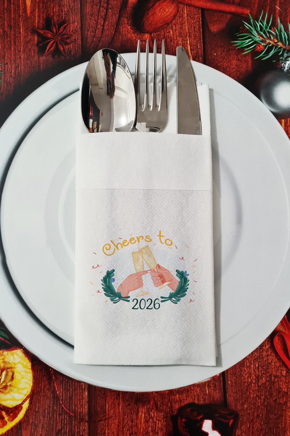 Kumaş Dokulu Cheers to 2026 Yılbaşı - Yeni Yıl Sunum Peçetesi