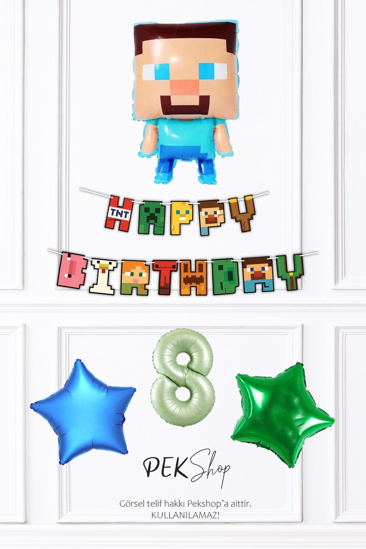 Minecraft Tema Doğum Günü Steve Balonlu Yıldızlı Doğum Günü Balon Seti 8
