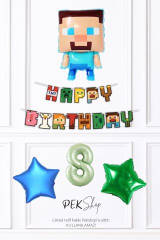 Minecraft Tema Doğum Günü Steve Balonlu Yıldızlı Doğum Günü Balon Seti 8