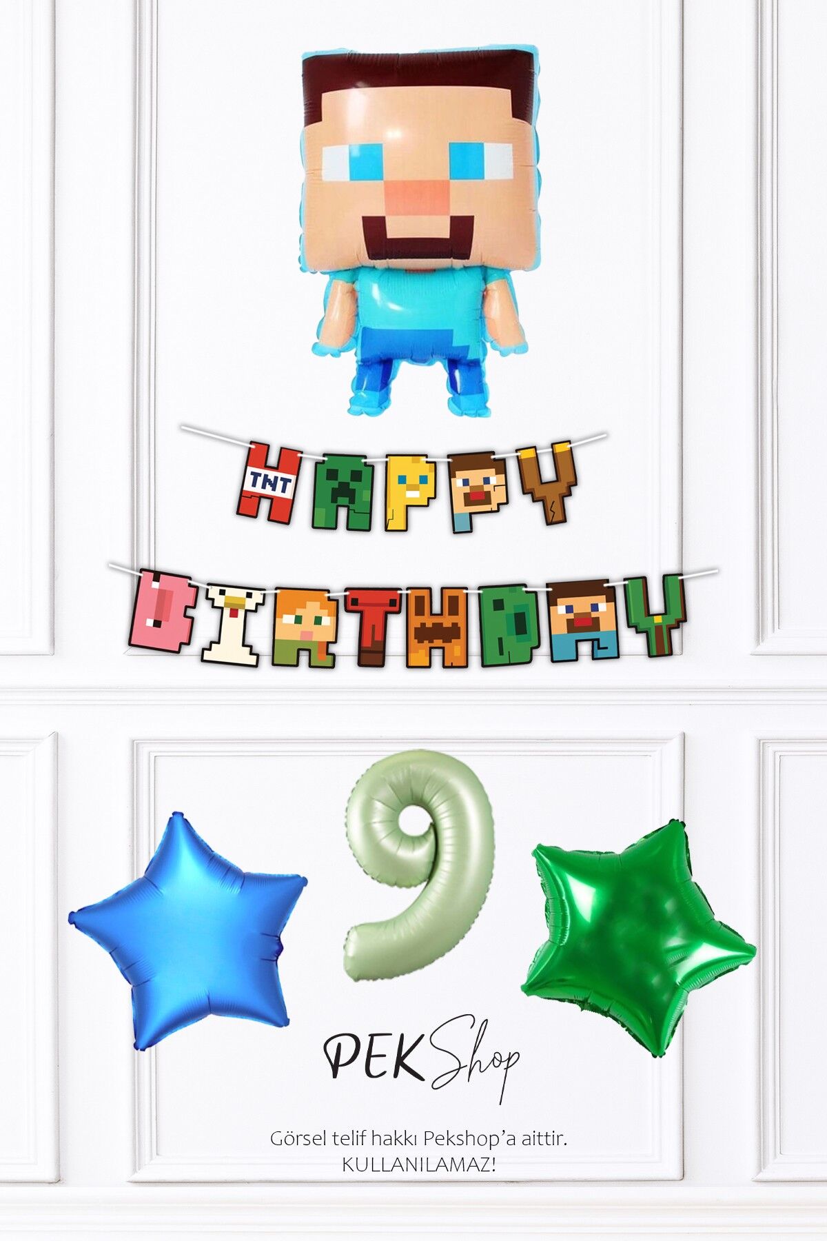 Minecraft Tema Doğum Günü Steve Balonlu Yıldızlı Doğum Günü Balon Seti 9