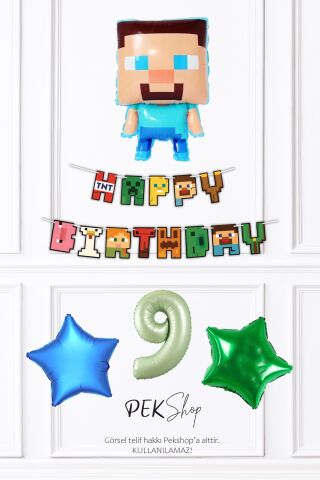 Minecraft Tema Doğum Günü Steve Balonlu Yıldızlı Doğum Günü Balon Seti 9