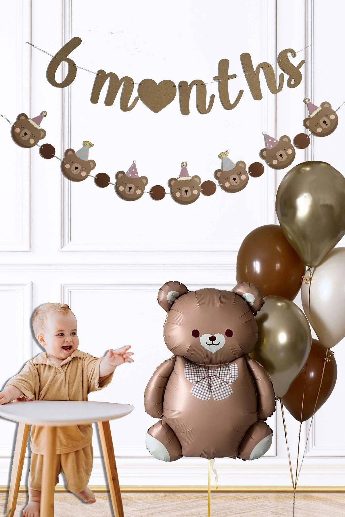 Retro Ayı 6 Aylık , Yarım Yaş Partisi Süsleme Seti Retro Ayı Balon 6 Months Bannerlı Balon Seti