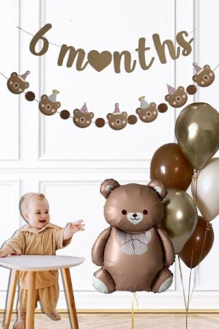 Retro Ayı 6 Aylık , Yarım Yaş Partisi Süsleme Seti Retro Ayı Balon 6 Months Bannerlı Balon Seti