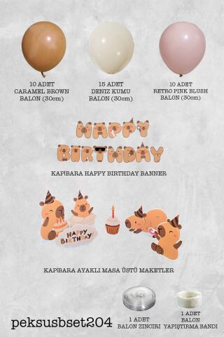 Kapibara Doğum Günü Süsleme Seti Balon Zinciri Banner ve Masa Üstü Panolu Set 204