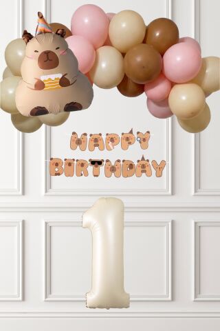 Kapibara Tema Doğum Günü Balon Zinciri Süsleme Seti Banner ve Yaş Balonlu