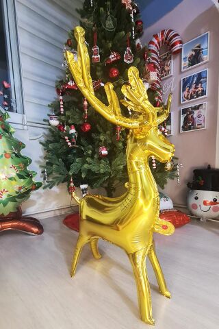 Yılbaşı Gold Geyik Balon Orta Boy Ayaklı Dik Durabilen Altın Geyik Balon