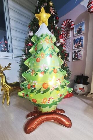 Yılbaşı Ağacı Folyo Balon Ayaklı Dik Duran Yılbaşı Ağacı Şeklinde Büyük Balon