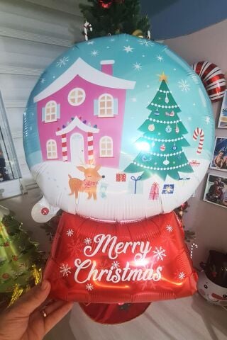 Kar Küresi Şeklinde Merry Christmas Folyo Balon Yılbaşı Süsü