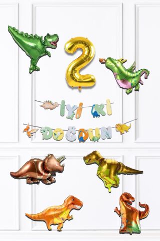 Dinazor Tema Doğum Günü Balon Zinciri Seti Yaş Doğum Günü 6lı Dinozor Balon Banner Seti