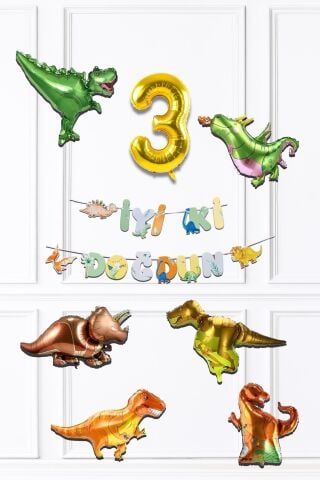 Dinazor Tema Doğum Günü Balon Zinciri Seti Yaş Doğum Günü 6lı Dinozor Balon Banner Seti