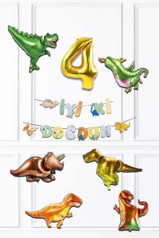 Dinazor Tema Doğum Günü Balon Zinciri Seti Yaş Doğum Günü 6lı Dinozor Balon Banner Seti