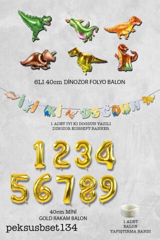 Dinazor Tema Doğum Günü Balon Zinciri Seti Yaş Doğum Günü 6lı Dinozor Balon Banner Seti