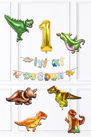 Dinazor Tema Doğum Günü Balon Zinciri Seti Yaş Doğum Günü 6lı Dinozor Balon Banner Seti 1