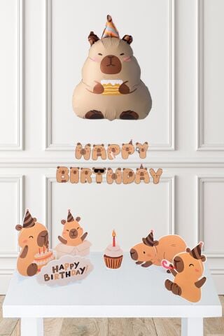 Kapibara Konsept Doğum Günü Seti Capybara Balon Zinciri Banner ve Masa Üstü Panolu Set 206