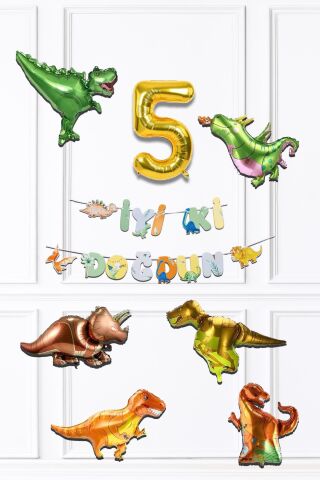 Dinazor Tema Doğum Günü Balon Zinciri Seti Yaş Doğum Günü 6lı Dinozor Balon Banner Seti 5