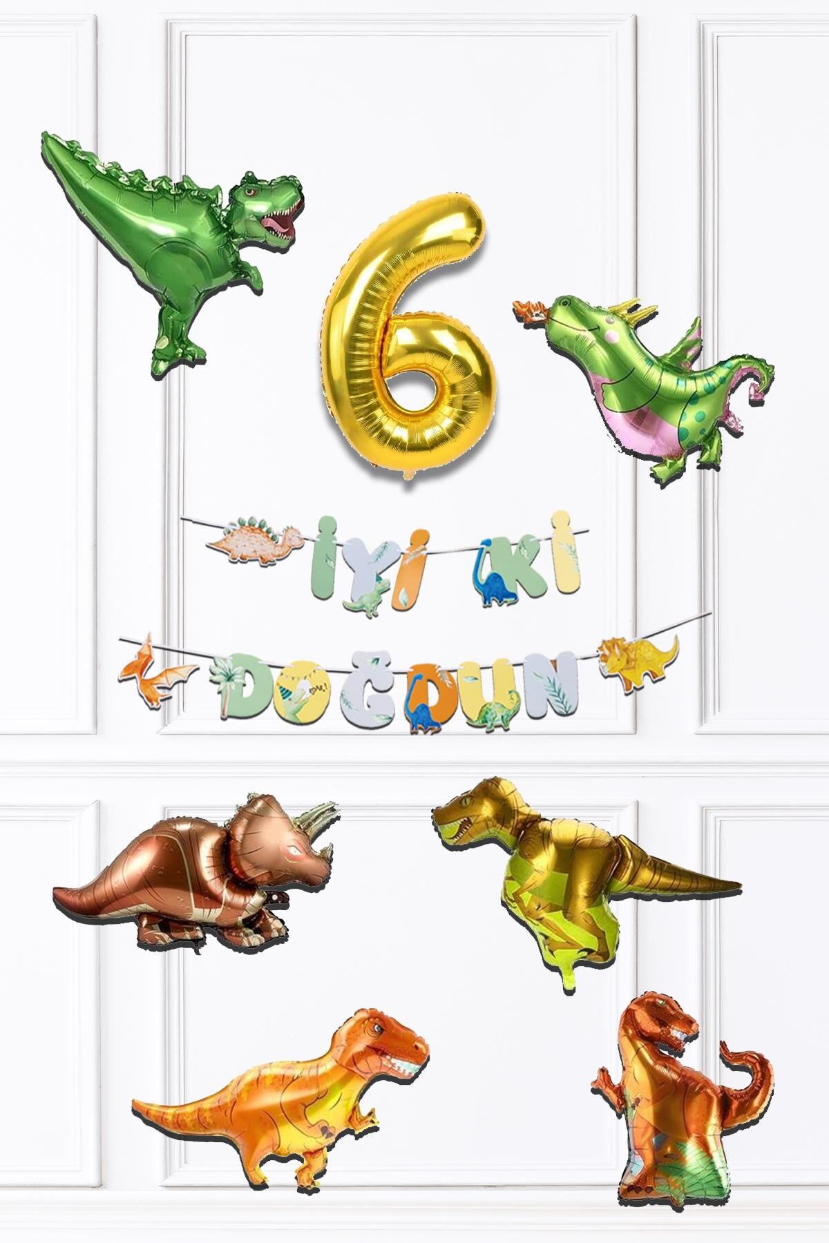 Dinazor Tema Doğum Günü Balon Zinciri Seti Yaş Doğum Günü 6lı Dinozor Balon Banner Seti 6