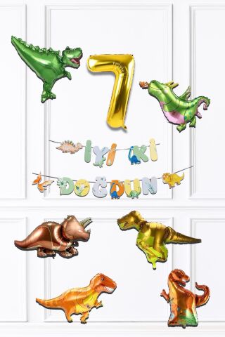 Dinazor Tema Doğum Günü Balon Zinciri Seti Yaş Doğum Günü 6lı Dinozor Balon Banner Seti 7