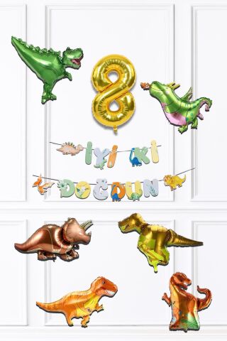 Dinazor Tema Doğum Günü Balon Zinciri Seti Yaş Doğum Günü 6lı Dinozor Balon Banner Seti 8