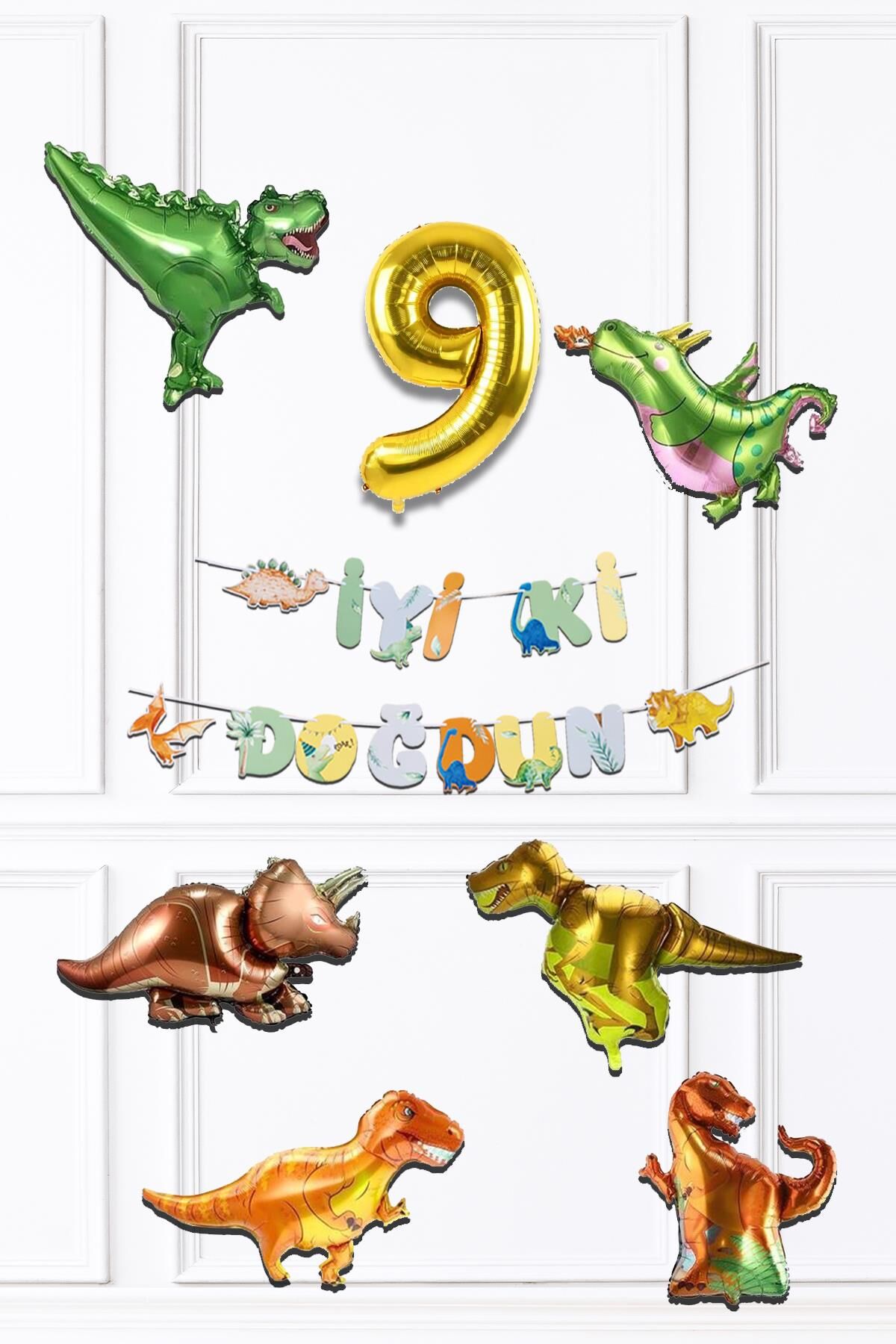 Dinazor Tema Doğum Günü Balon Zinciri Seti Yaş Doğum Günü 6lı Dinozor Balon Banner Seti 9