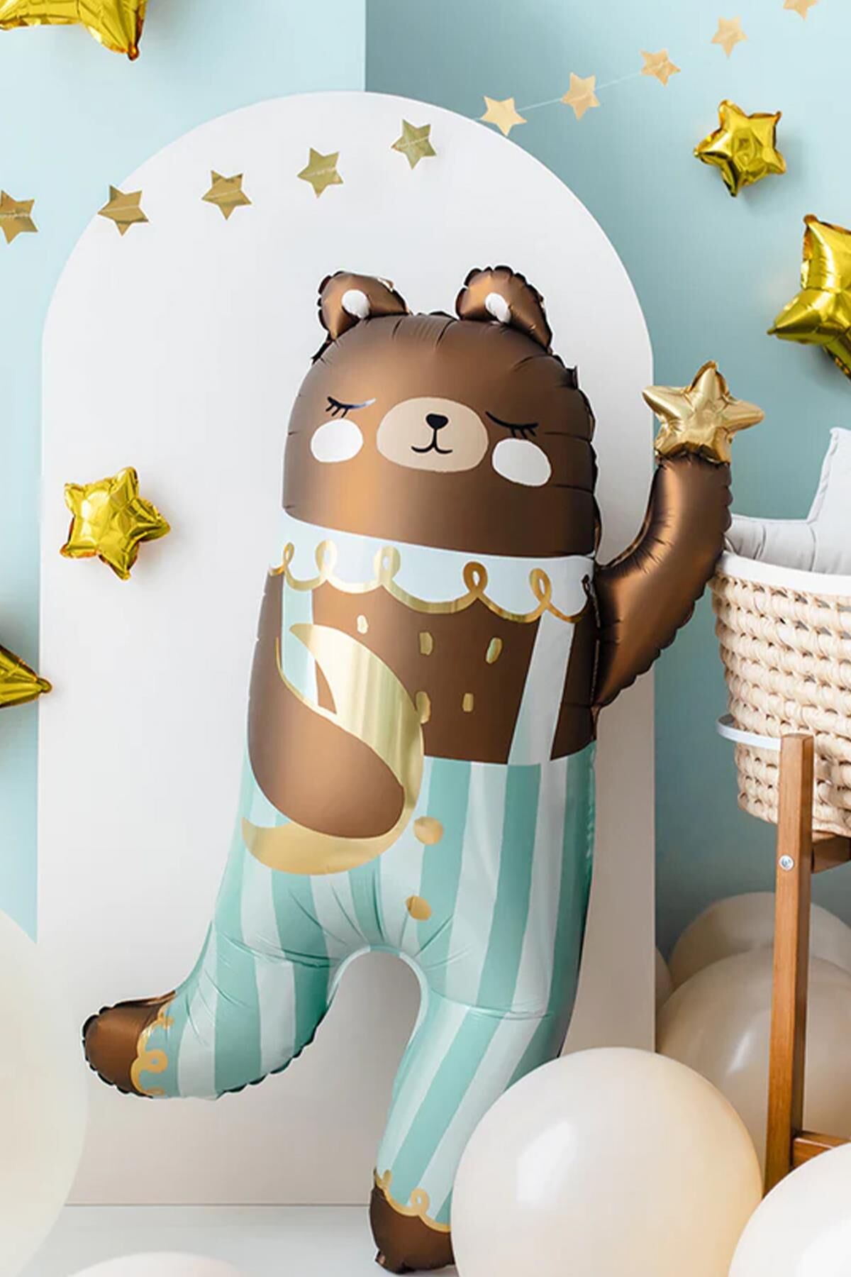 Tulumlu Retro Ayı Folyo Balon Ay ve Yıldızlı Ayı Balon