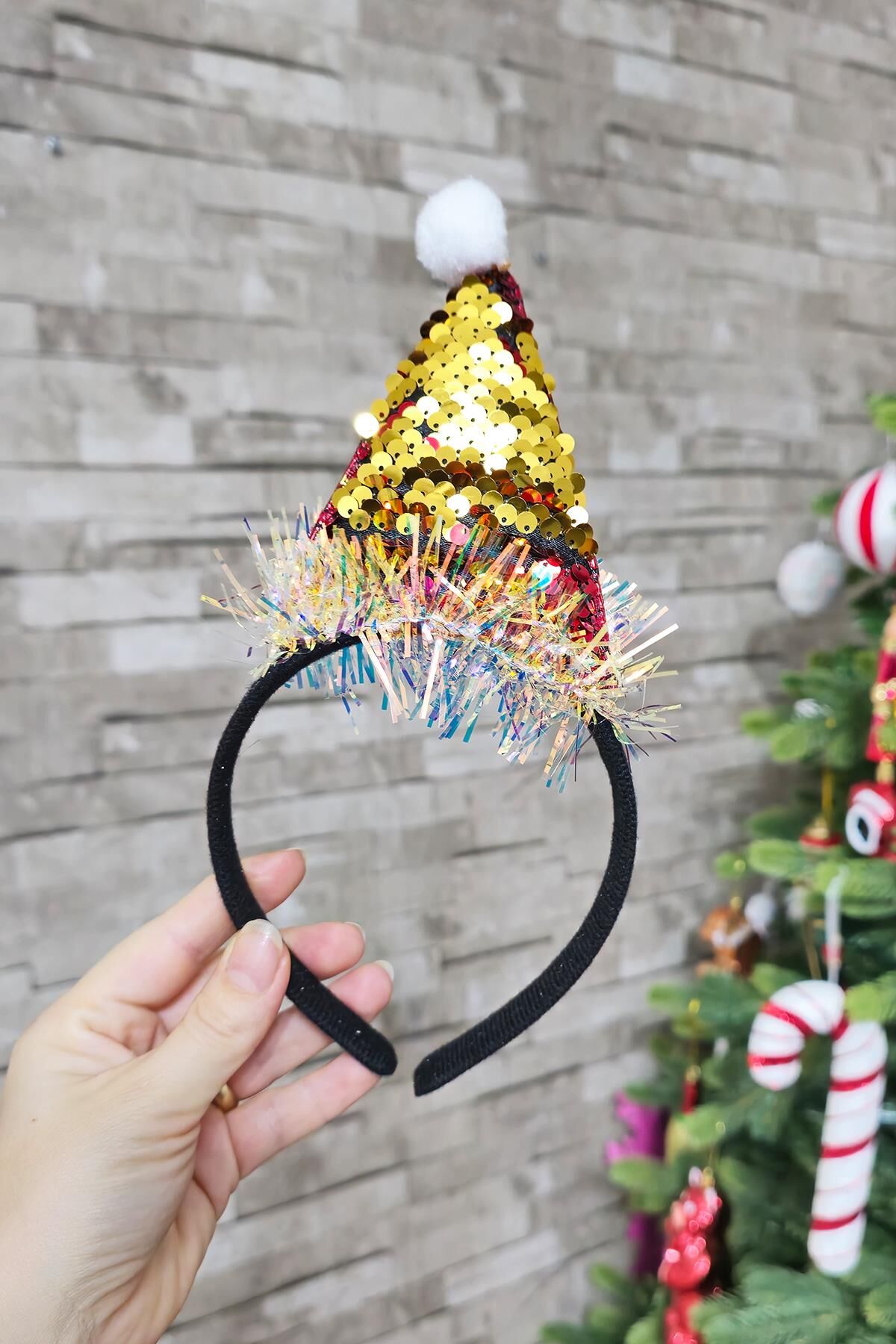 Yılbaşı Tacı Parlak Kukuleta Şapka Gold Kırmızı Pullu