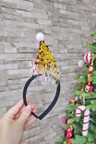 Yılbaşı Tacı Parlak Kukuleta Şapka Gold Kırmızı Pullu