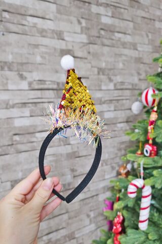 Yılbaşı Tacı Parlak Kukuleta Şapka Gold Kırmızı Pullu