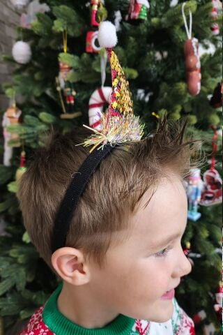 Yılbaşı Tacı Parlak Kukuleta Şapka Gold Kırmızı Pullu