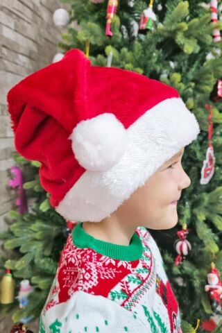 Kalın Kadife Yılbaşı Şapkası Noel Baba Şapkası Lüks Ucu Ponponlu Kalın