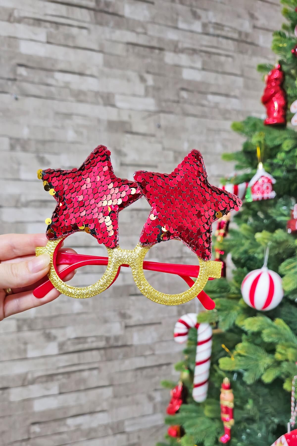 Yılbaşı Parti Gözlüğü Pullu Yıldız Şekilli Kırmızı Gold Pullu Gözlük