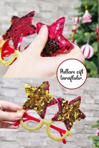 Yılbaşı Parti Gözlüğü Pullu Yıldız Şekilli Kırmızı Gold Pullu Gözlük