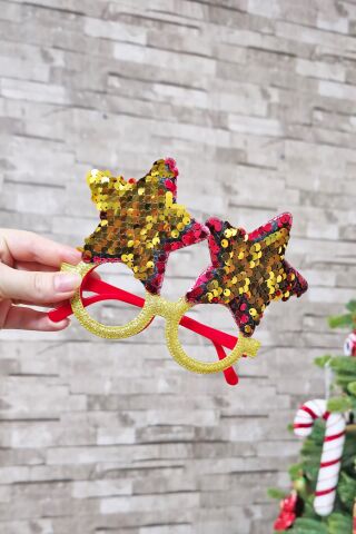 Yılbaşı Parti Gözlüğü Pullu Yıldız Şekilli Kırmızı Gold Pullu Gözlük